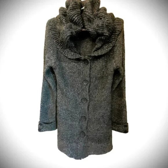 Deluxe Knit Bum Warming High Neck BACCI Charcoal grey cardigan cable knit Sz M - Picture 9 of 9